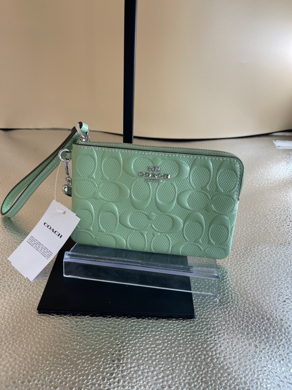 Coach Seafoam Green Embossed C Wristlet New with limited Charm